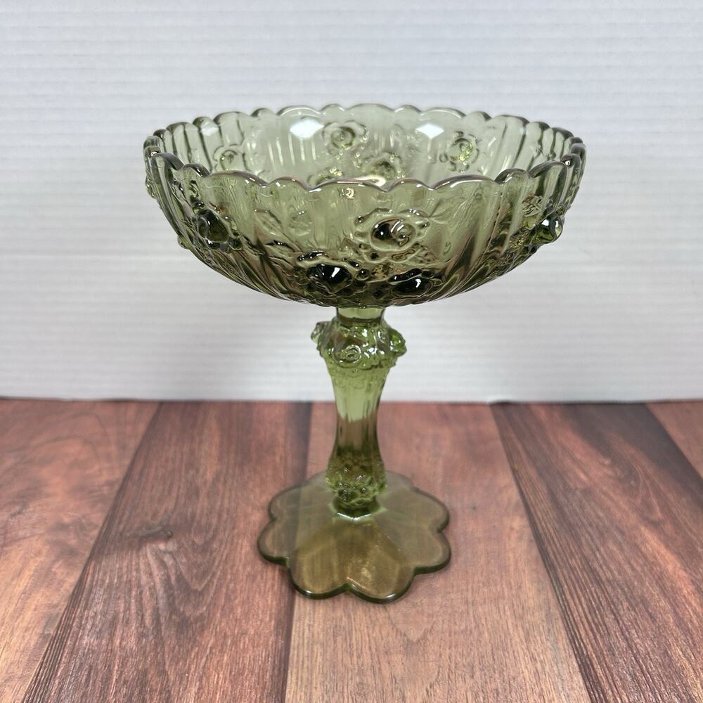 Vintage Fenton Colonial Green Cabbage Rose Compote
